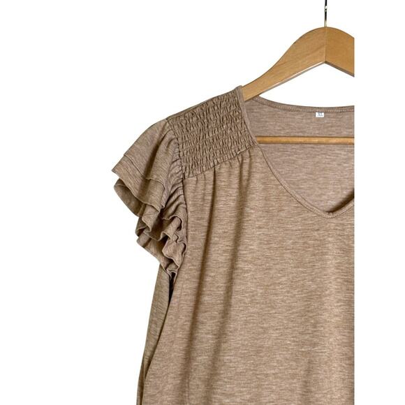 Ruffle Shoulder Women's V-Necked Smocked Soft Knit Pullover Top Size XL Tan NWOT - Picture 4 of 8